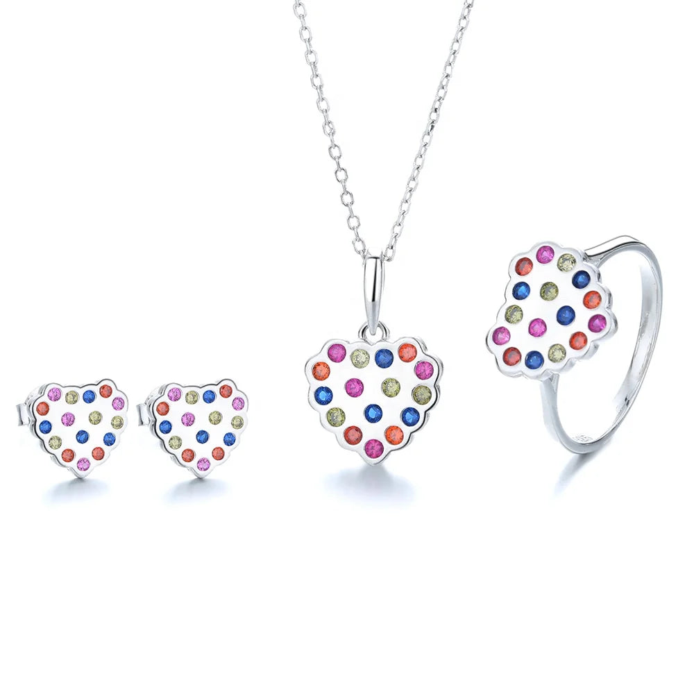 Fancy 925 Sterling Silver rainbow Charm Heart-shaped Fashion Jewelry Set