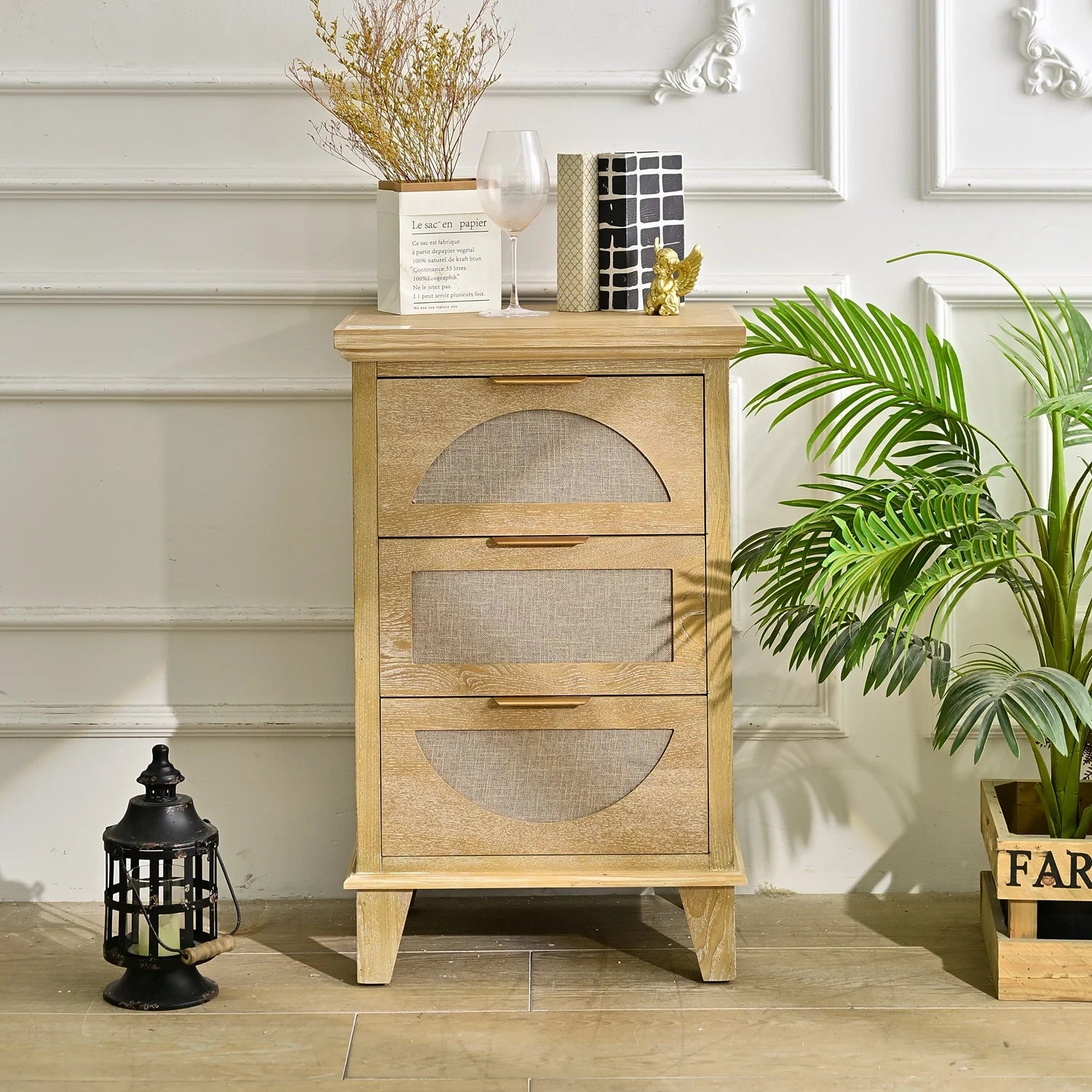 INNOVA Home Natural Style Solid Wood Nightstand Bedside Storage Cabinet with 3 Drawers