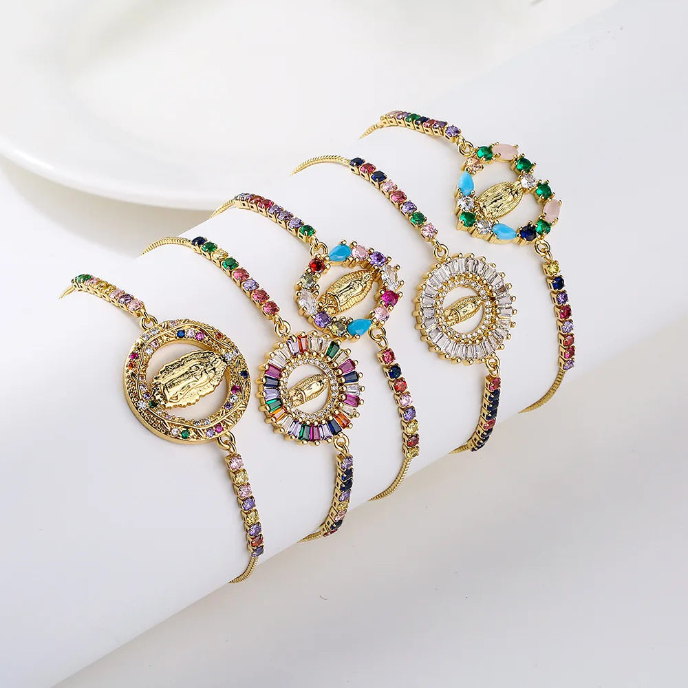 Fashion Jewelry Bracelet 18K Gold Plated Mixed Color Zircon Virgin Mary Bracelet Female Religious Jewelry