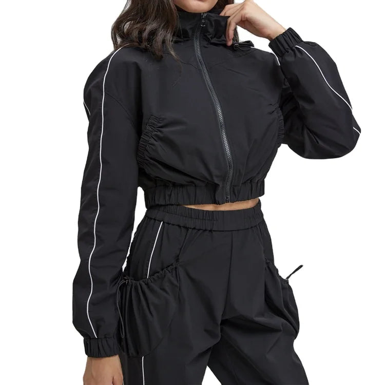 OEM Custom Elastic Waist Woven 100% Polyester Athletic Sports Women's Windbreaker Jacket Set for Spring