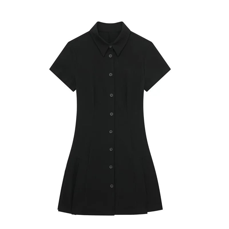 ZATRHMBM Summer Women's Mini Dress 2024 Women's Fashion Solid Color Casual Single Breasted Lapel Short Sleeve A-line Dresses