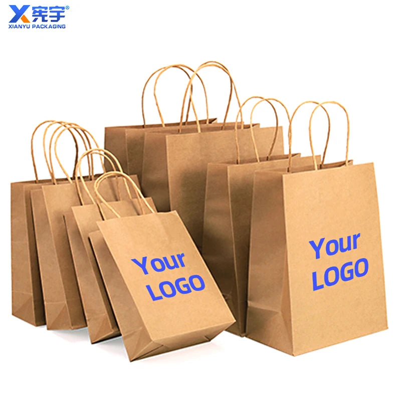 Custom logo 100pcs Kraft Paper Shopping Gift Bag With Handle Party Gift Bag Clothing Packaging Shopping Bag Gravure Printing