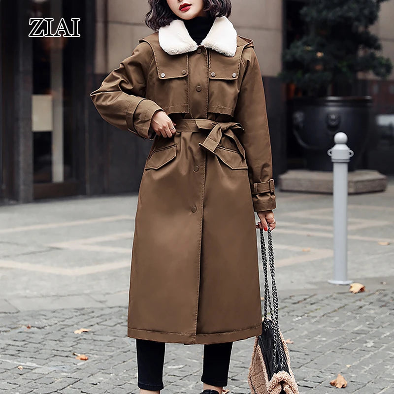 Winter Padded Coat Women's Mid-length New Style Plus Velvet Pie Overcoming the Waist Cotton Coat