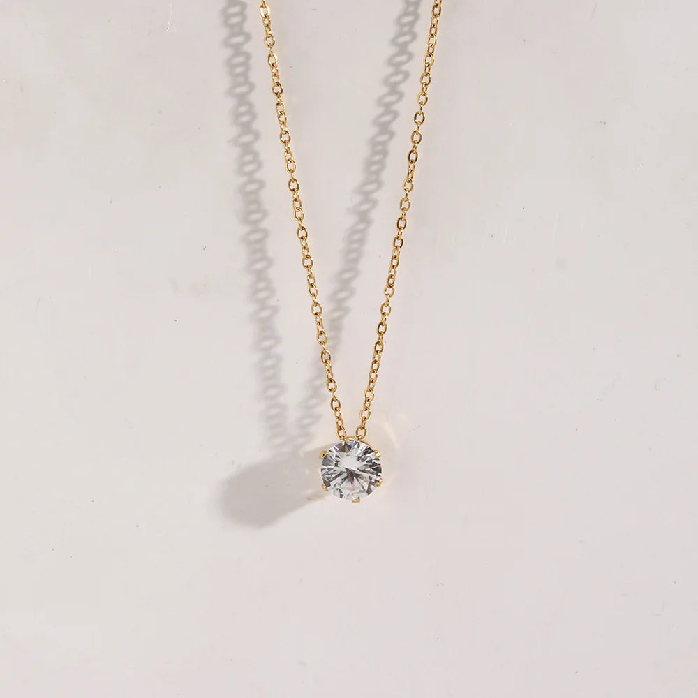 New Fashion Fine Jewelry Single Diamond Pendant Necklace Women Stainless Steel Six Claws Zircon Pendant Necklace