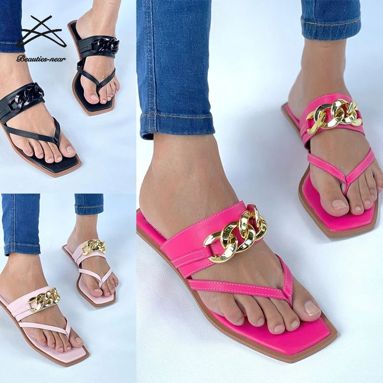 New Fashion Ladies Summer Beach Chain Slippers Women's Flip Flop Solid Color Square Open Toe Flat Sandals Shoes