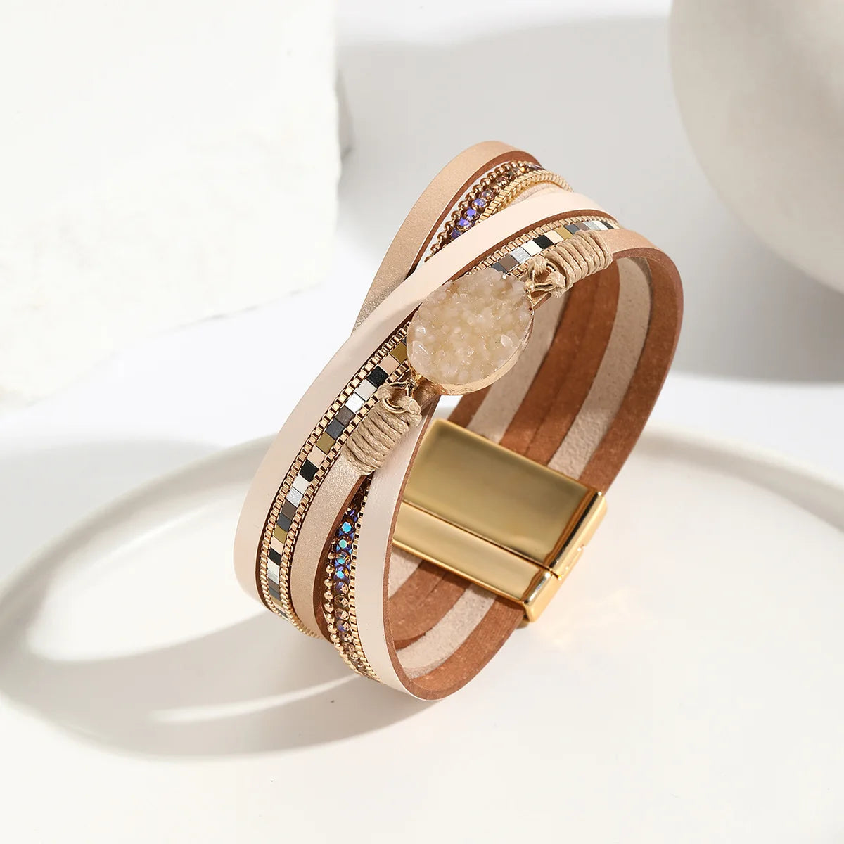 Hot Multi-Layer Leather Bracelet Interlaced With Zircon Bracelet Quartz Stone Magnet Buckle Leather Bracelet Gifts for Women