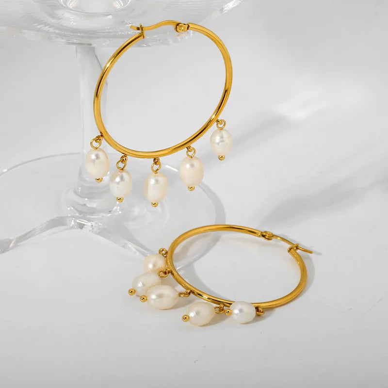 Women's Stainless Steel Pearl Hoop Earrings with Tassel Pendant Gold Plated Jewelry