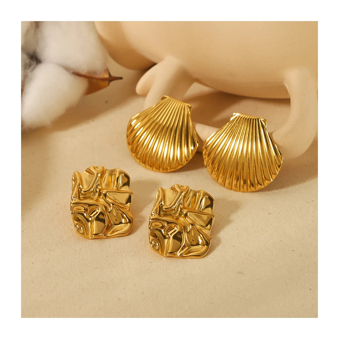 ERESI Hot Selling Shell Earrings Luxury Gold Plated Earrings 18K Stainless Steel Jewelry Hammered Texture Stud Earrings Set