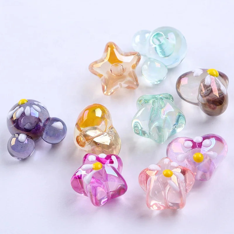 30Pcs/bag Beautiful Heart Mouse Head and Star Shaped Bead Acrylic Hand Printed Bead for DIY Girls Hair Decoration Jewelry Making