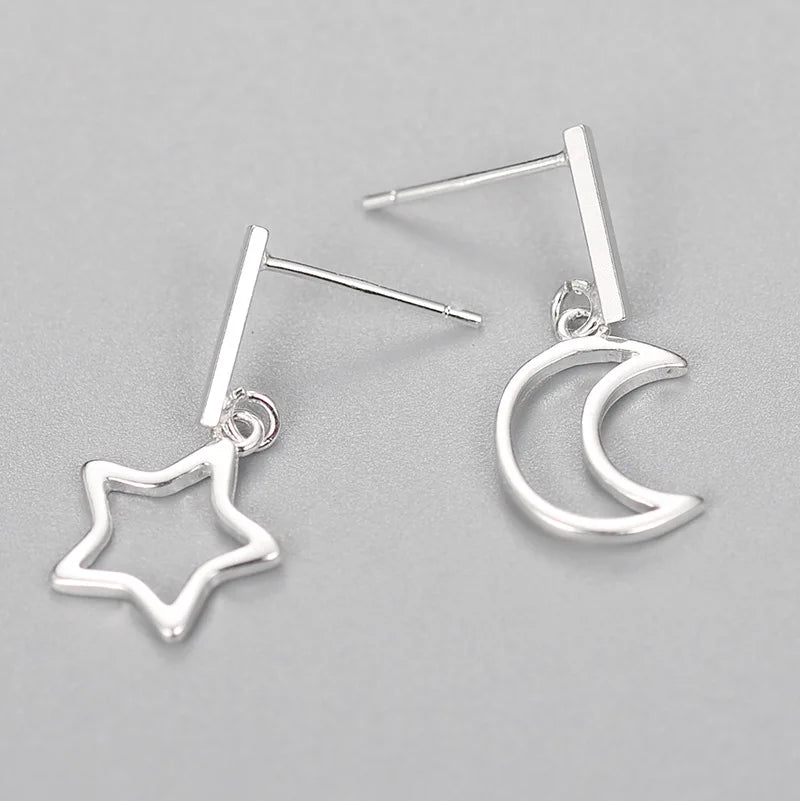 925 Sterling Silver Star Moon Stud Earrings for Women Fashion Jewelry Cute Earring
