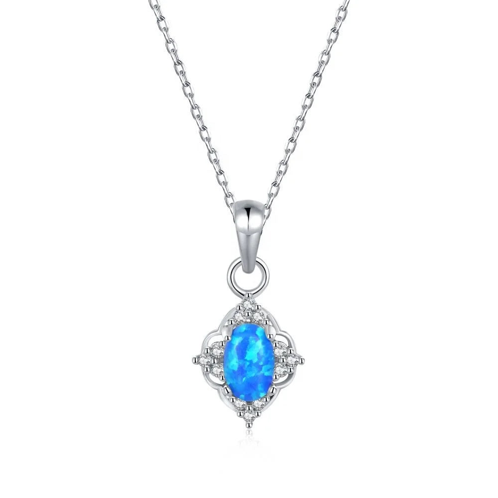 Fashion Wholesale Oval Shape 925 Sterling Silver Jewelry Necklace Elegance Blue Opal Pendant Necklace for Women