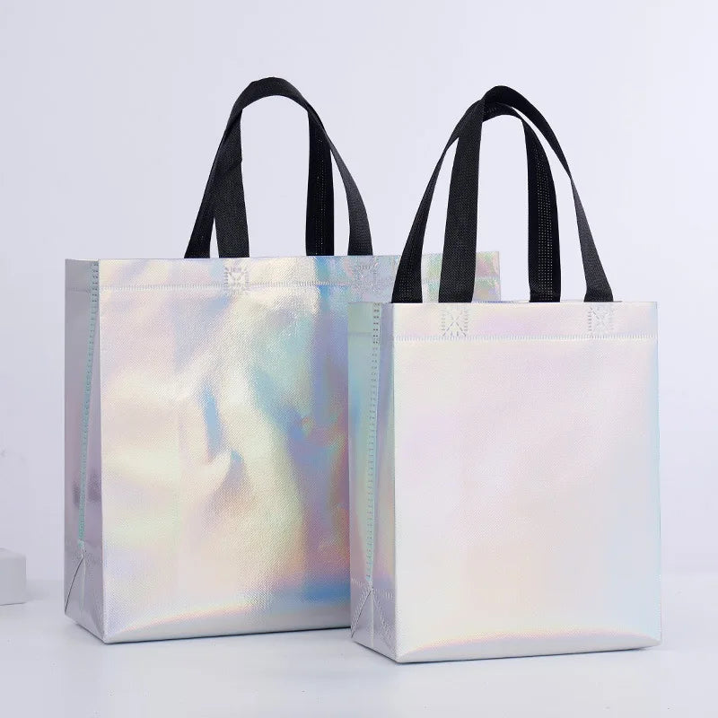 GRS Certified Holographic Shopping Bags Custom Logo Metallic Iridescent Reusable Tote Bags