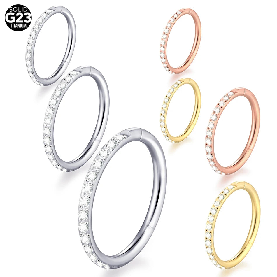 Implant Grade Titanium Hinged Segment Hoop Ring Clicker Nose Septum Piercings Helix With Outward Facing Pave CZs