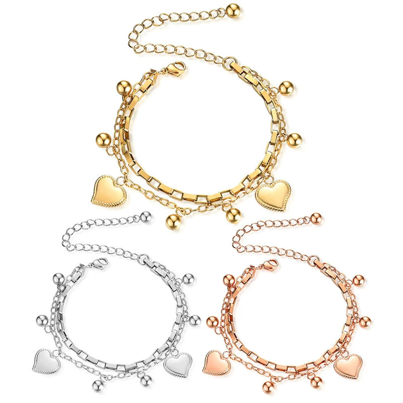 Women's Fashion Multilayer Stainless Steel Charm Bracelet Blank Heart Silver/Gold/Rose Gold-Gift for Women