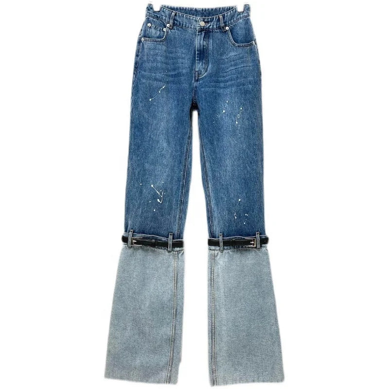 OUDINA New Point Paint Contrast Color Casual  Patchwork Pantalones Denim Trousers Women Washed Jeans Pants for Women