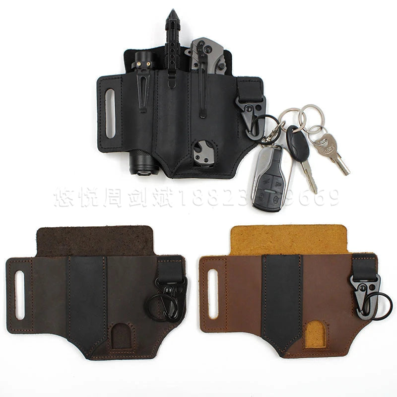 Outdoor Cowhide Genuine Leather Knife Flashlight Tool Bag Pocket Organizer Belt Loop Waist Multitool Sheath EDC Tool Bag