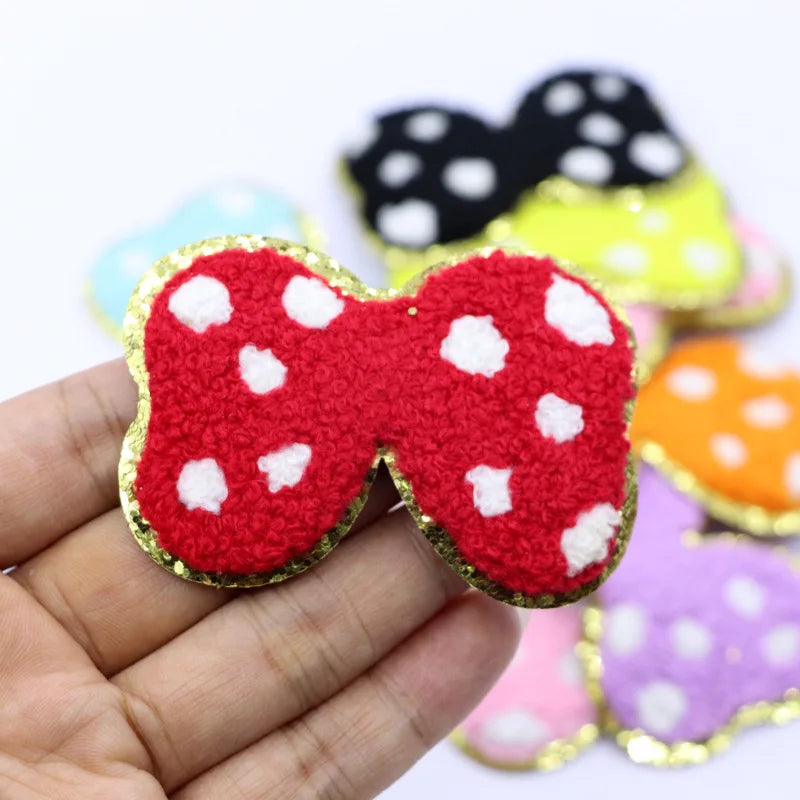 Custom Cartoon Appliques Iron on 5cm Glitter Edge Chenille Embroidery Bowknot Patch for Kids Garment Clothing