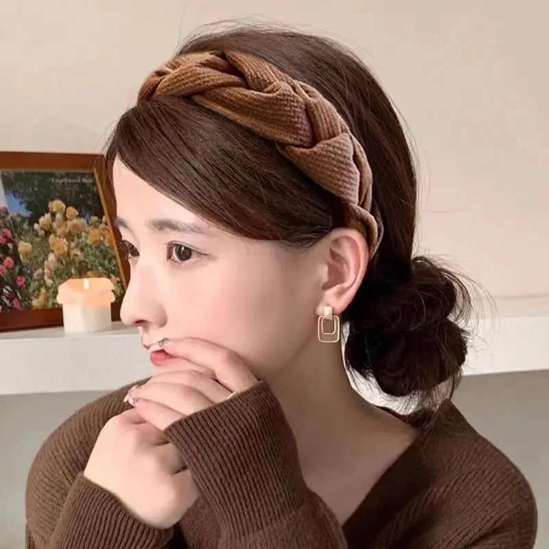 Autumn Winter Fabric Bow Headwear Solid Color Knitting Braid Hairband for Women Girls