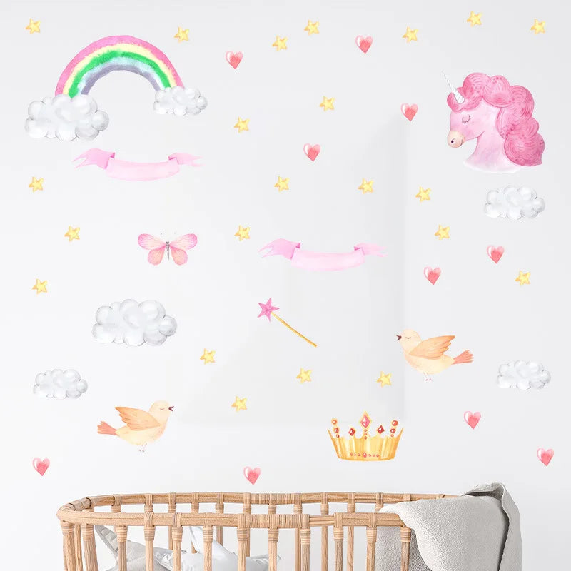 Cartoon Unicorn Sticker Creative Rainbow Stars Hearts Wallpaper Self Adhesive Living Room Decorative Mural TV Background Decal