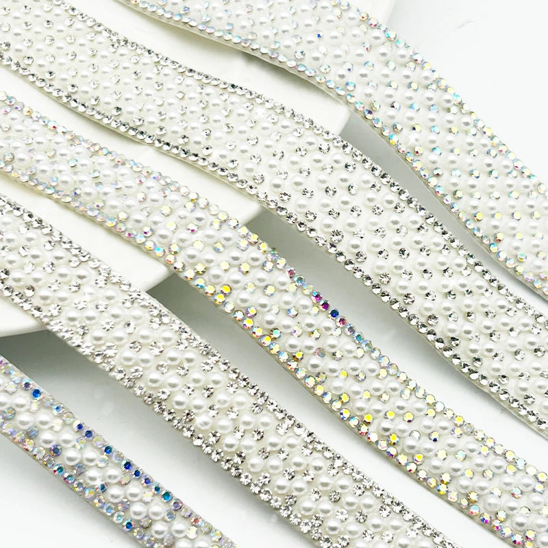 Pearl Applique 3 Yards Rhinestone Strip Self-Adhesive Crystal Rhinestones Pearl Ribbon Trimmings for Dress Shoes