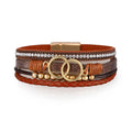 Multi-Layer Women's PU Leather Bracelets with Gold Beads Rhinestones & Alloy Magnetic Closure Cuff Magnetic Clasp Charm