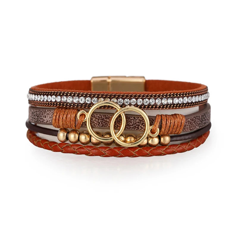 Multi-Layer Women's PU Leather Bracelets with Gold Beads Rhinestones & Alloy Magnetic Closure Cuff Magnetic Clasp Charm