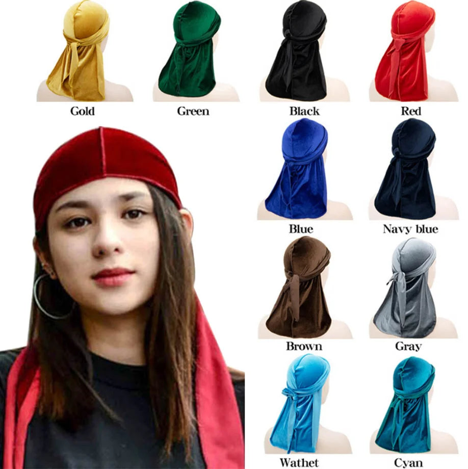 Wholesale Premium Shiny Muslin Bandana Head Velvet Durags Multi-Color Long Tail Durag Hat for Beach Wear