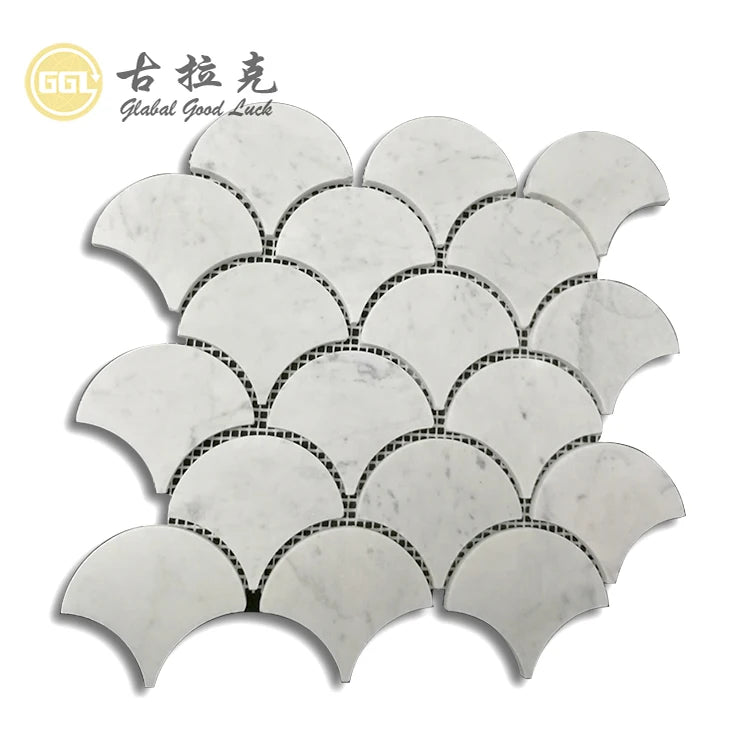 Polished Italian Carrara White Marble Fish Scales Mosaic Tile 10mm Thick Modern Kitchen & Bathroom Interior Wall Parquet Design