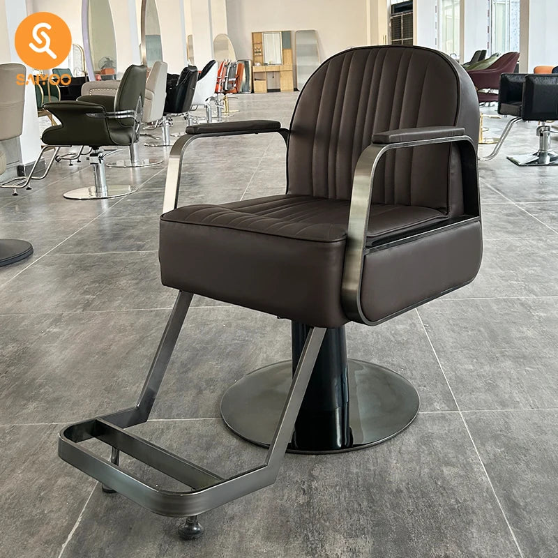 Contemporary Brown Leather Salon Chair With Metal Armrests and Hydraulic Base