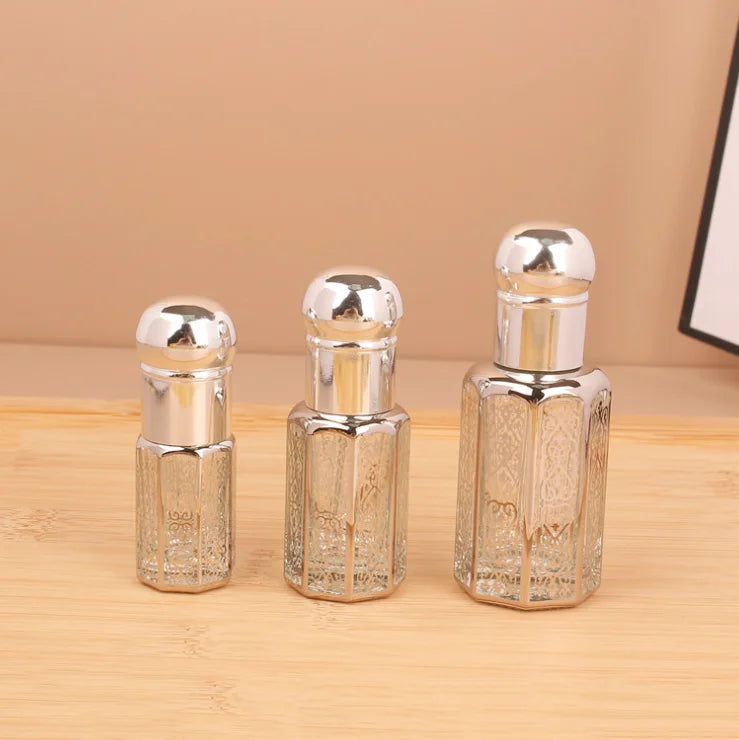 3ml 6ml 12ml Steel Roller Metal Cap Gold Silver Black Plated Essential Oil Glass Perfume Octagon Roll on Bottles