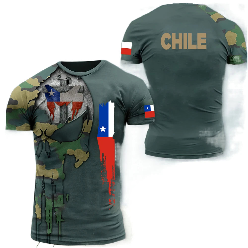 Fitspi Vintage Chile T-Shirt 3D Print Chilean Flag Shirt O Neck Men's Veterans Short Sleeve Tees Oversized Streetwear Camo Tops