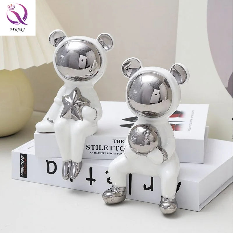 Light Luxury Aerospace Space Bear Ornaments Creative Cartoon Ceramic Decoration Desktop Technological Sense Small Ornaments