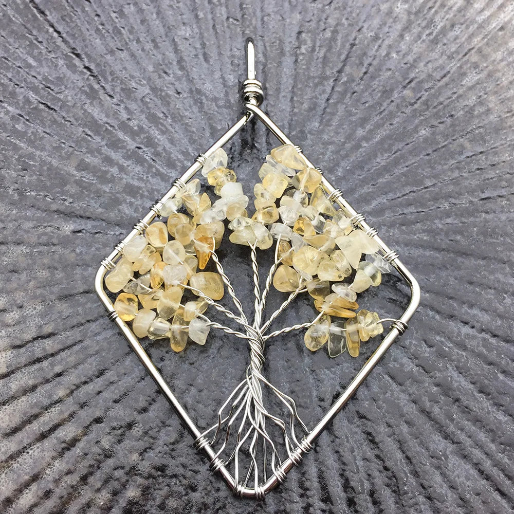 HZ Factory Directly Wholesale Natural Citrine Chips Tree of Life Necklace Leather Chain Tree Pendant Palm Tree Necklace