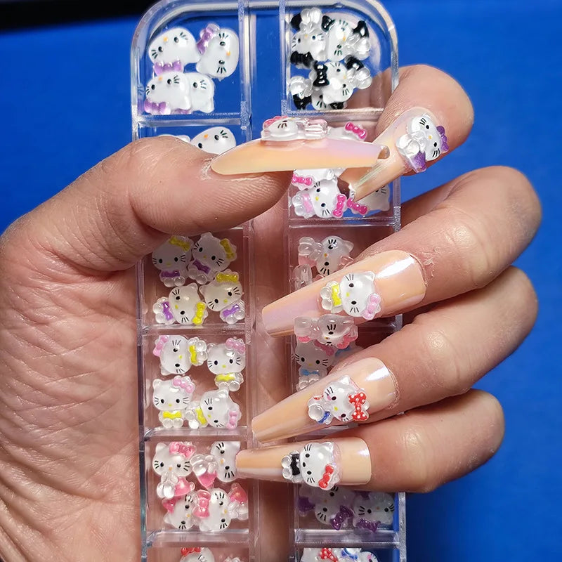 Wholesale 12 Grids Box-packed Nail Art Rhinestones Decoration 3D Cute KT Cat Nail Charms