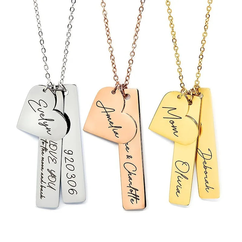 Custom Name Engraved Bar Heart Pendant Necklace Customized Stainless Steel Heart Engraving Necklace Couple Jewelry for Gifts
