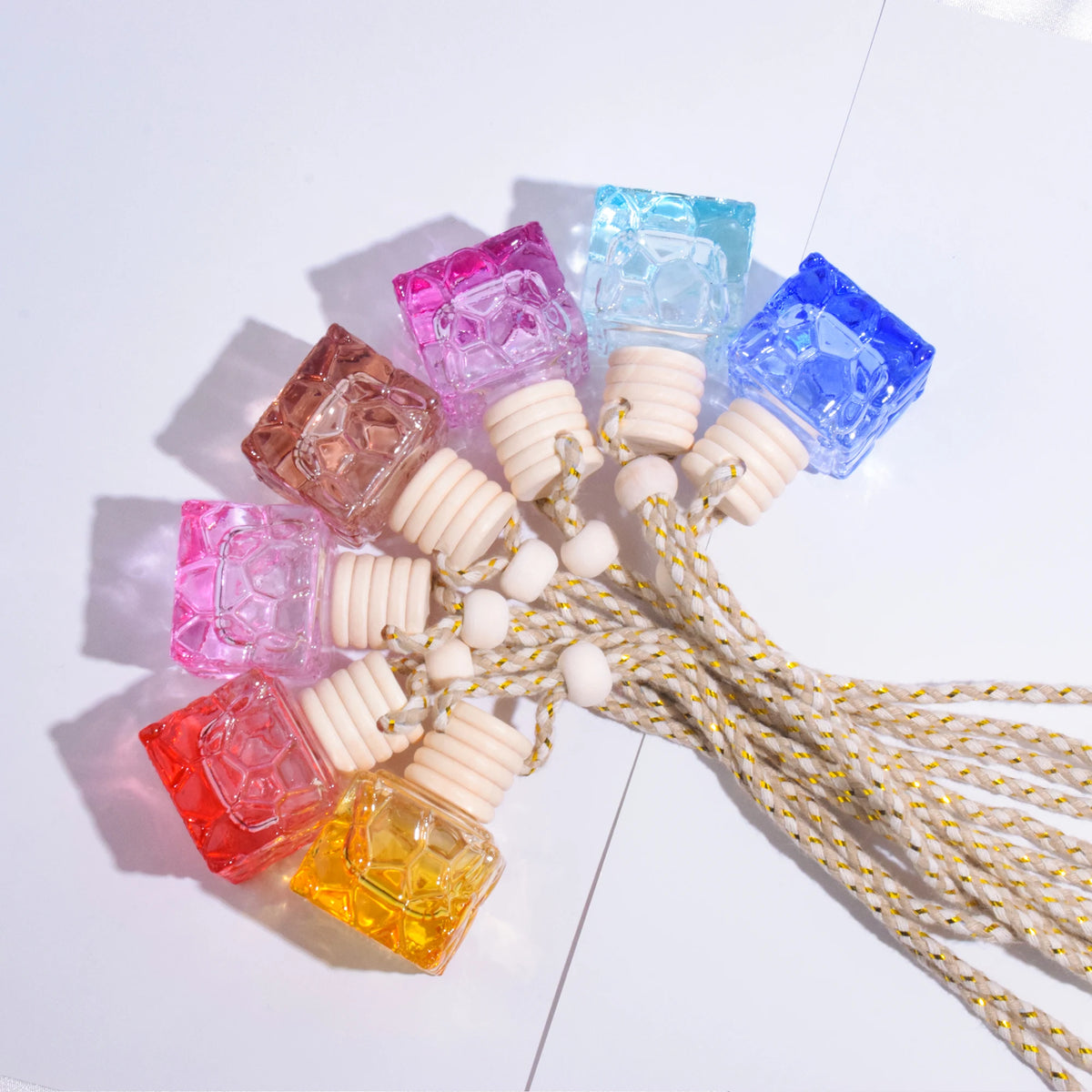 Wholesale Customized Colorful 10ml Empty Perfume Oil Bottle Air Freshener Hanging Square Glass Bottle