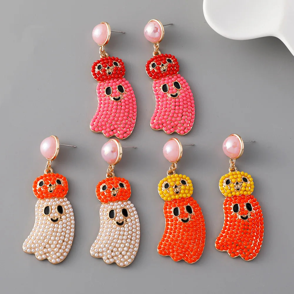 New Arrived Pearl Seed Bead Specter Dangle Earrings Rice Bead Pumpkin Ghost Stud Earrings for Girl