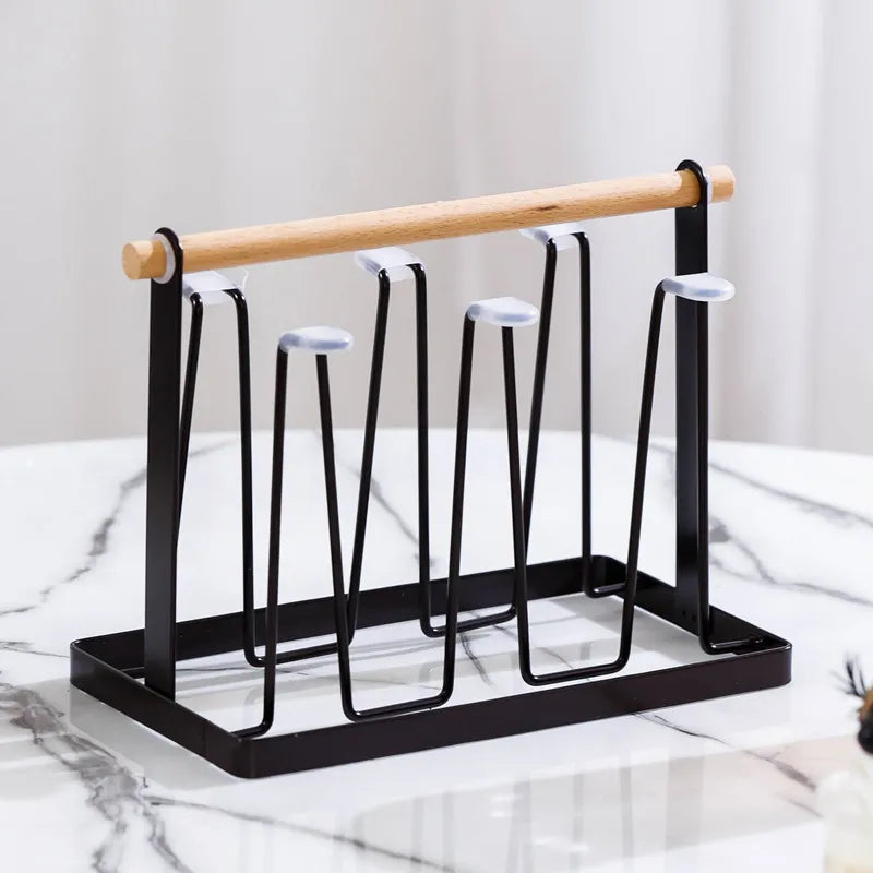 Black Wood Handle Metal Cup Drying Rack Standing Type Non-slip Drainer Holder Organizer for 6 Mugs Cups & Bottles