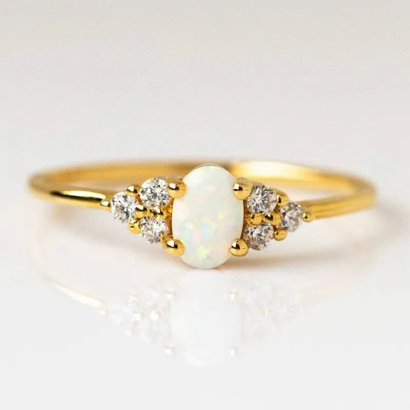 Huitan S925 Contracted Style Imitated Opal Cubic Zirconia Gold Plated Finger Rings for Bride Wedding Sterling Silver Ring Women