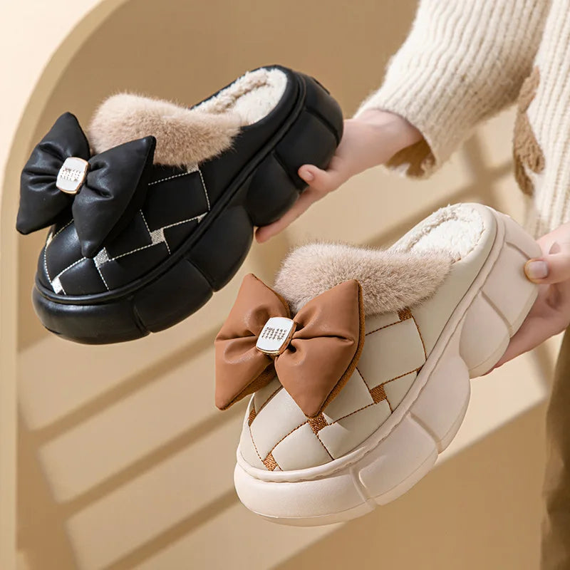 Women's High-Heel Cotton Slippers Winter Thick Sole Home Bow Slippers Winter Fleece-Lined