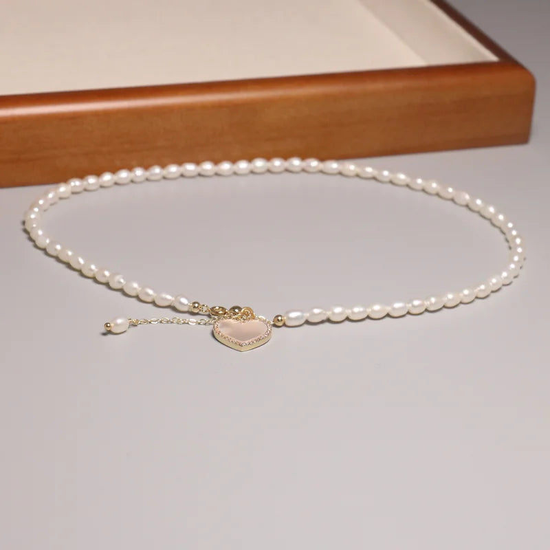 Vintage Pearl Beaded Necklace Dainty Heart Pearl Charm Trendy 14K Gold Plated Chain Pearl Choker Handmade Jewelry