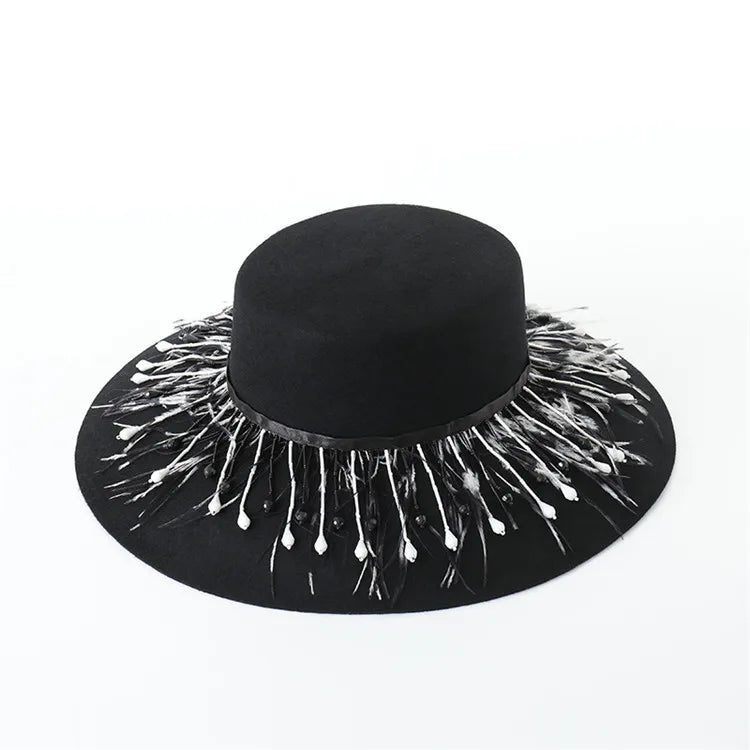 X1236 Unisex Adult Woolen Wide Brim Hat with Tassel Decoration Flat Style for Outdoor Scenes