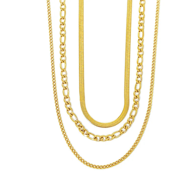 High Quality Herringbone Snake Chain Three Layered Necklace 18K Gold Plated Stainless Steel Figaro Chains Necklaces YF3424