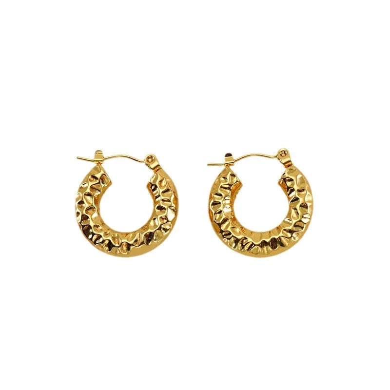 Vintage 18K Gold Plated Stainless Steel Hoop Earrings Women Irregular Hammered Texture Featuring Pearl Diamond Gifts