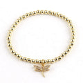 Hallowmas 4MM Women Round Golden Copper Beads Elastic Bracelet with Bat Spider Cubic Zircon Dragonfly Charm Bracelet