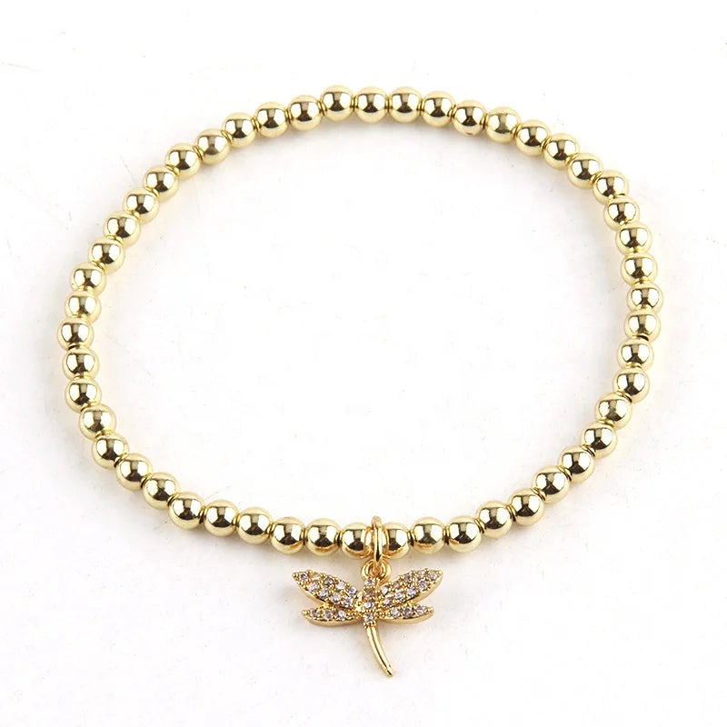 Hallowmas 4MM Women Round Golden Copper Beads Elastic Bracelet with Bat Spider Cubic Zircon Dragonfly Charm Bracelet