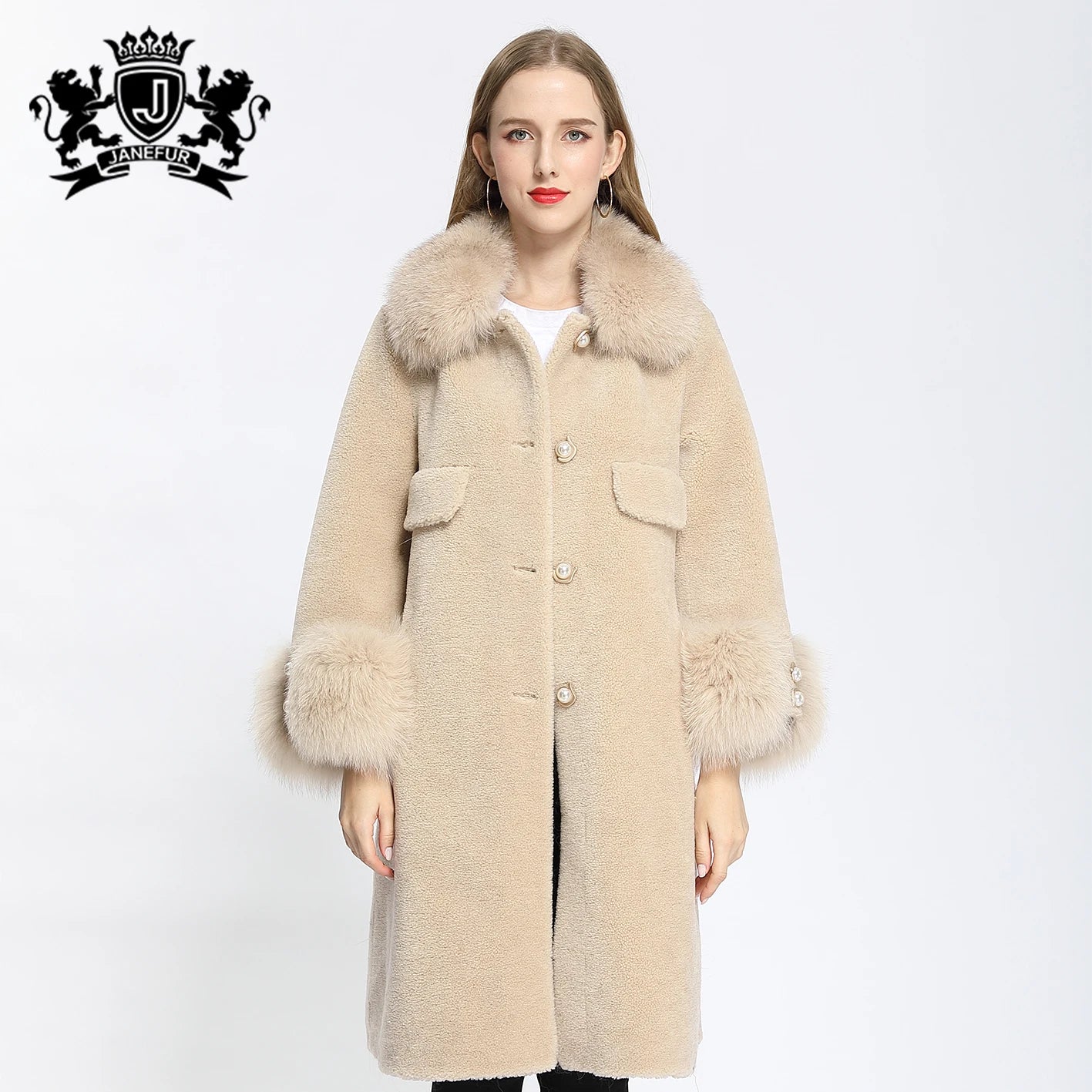 Janefur Girl's Jackets Long Style Real Fox Fur Shearling Girl Sweet Coat