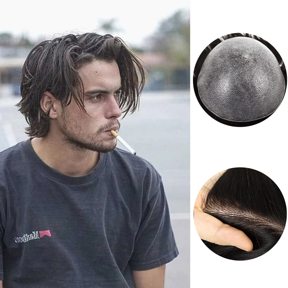 Male Hair Prosthesis 0.12mm Injection Skin Toupee Men Durable Wigs for Men 100% Human Hair System Unit Capillary Prosthesis