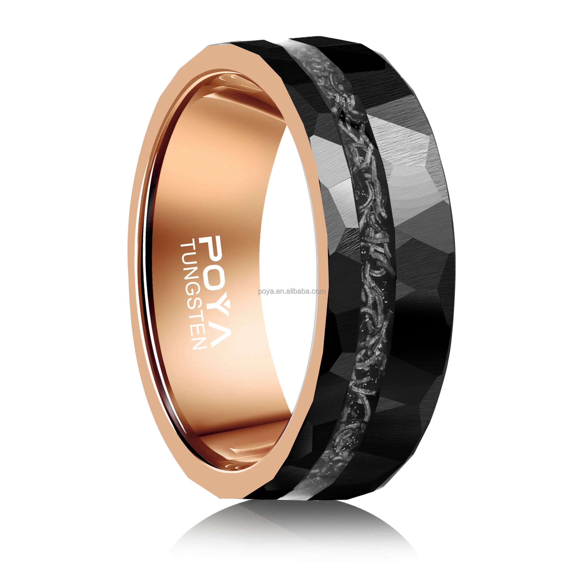 POYA Black Hammered Rose Gold Inner Tungsten Carbide Blue Opal Meteorite Inlay Luxury Wedding Rings