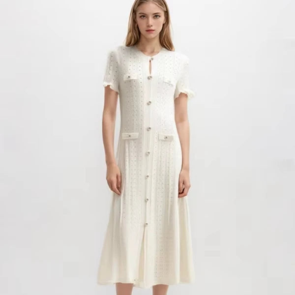 Summer French Temperament Dress Spring New Short-sleeved Wooden Ear Edge Long Section Knitted Thin Open Fork Dress Women